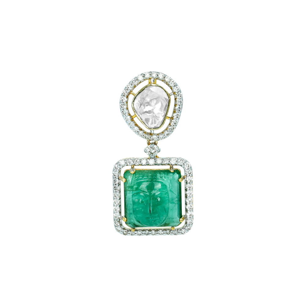 Carved Emerald Pendant with Halo Polki and Diamond